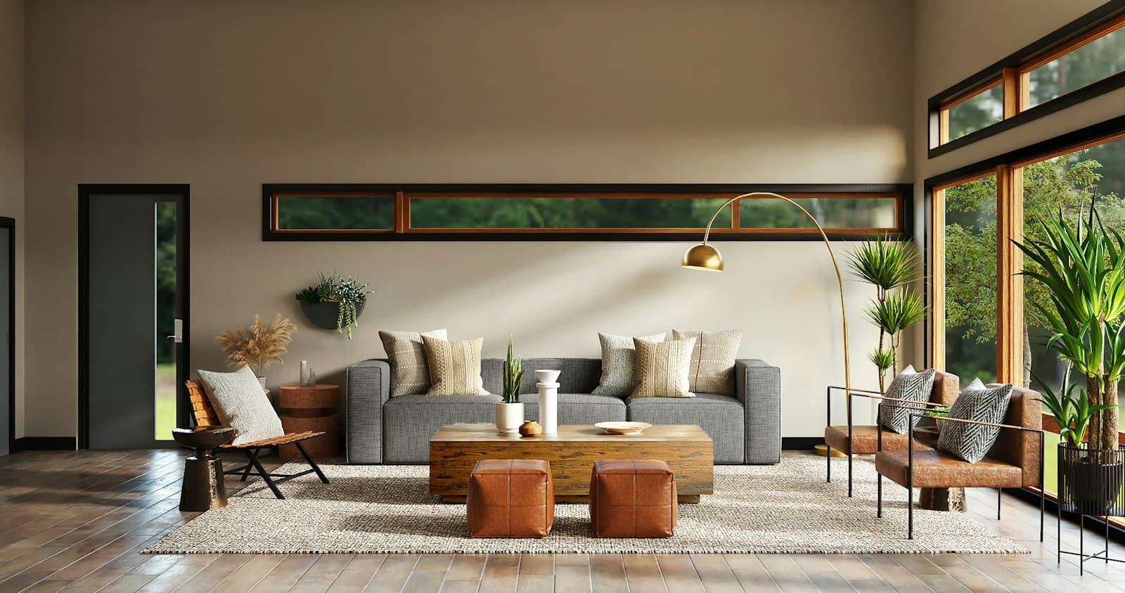 Sunlit living room with tailored furnishings and warm wood accents