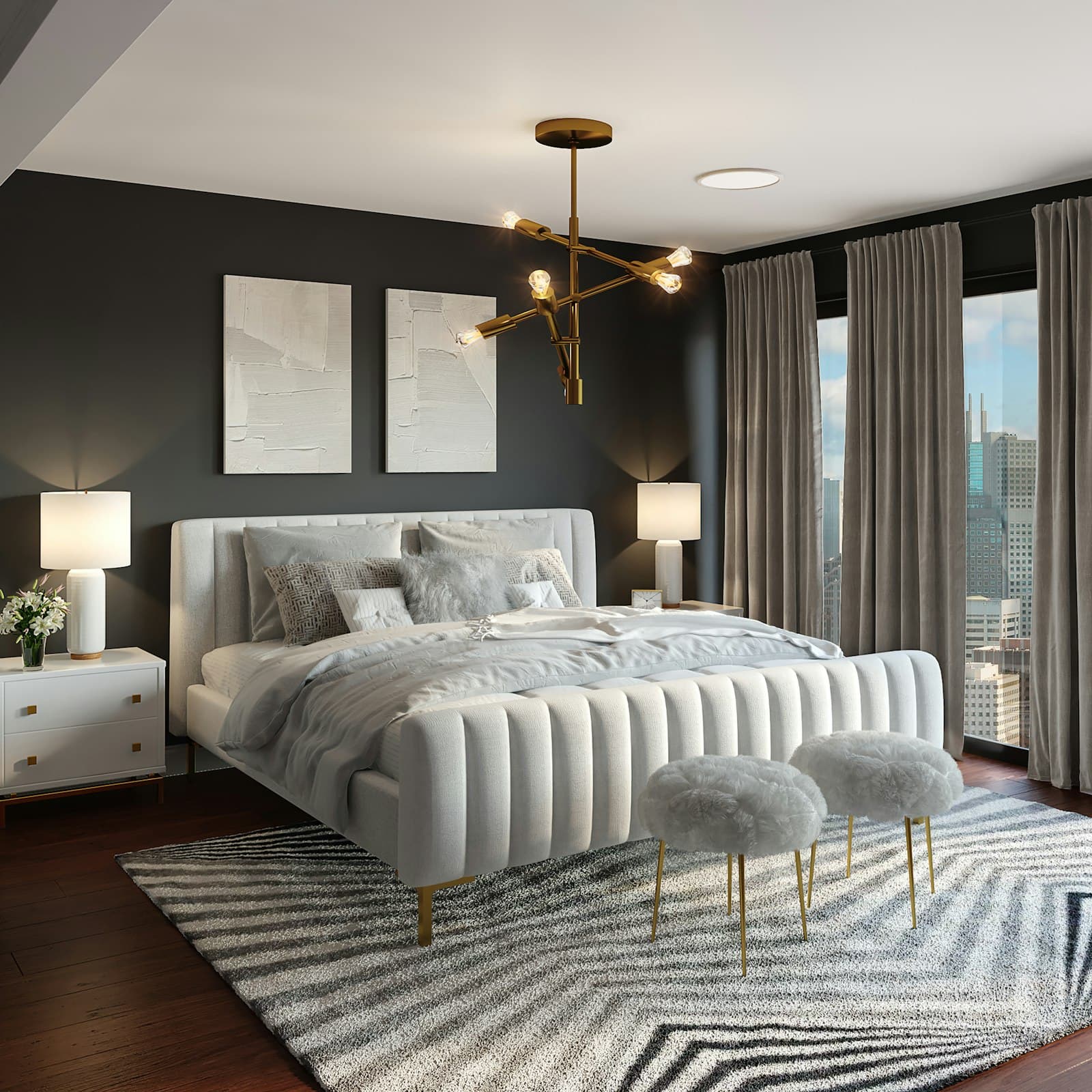Primary bedroom with soft neutrals and custom wall paneling